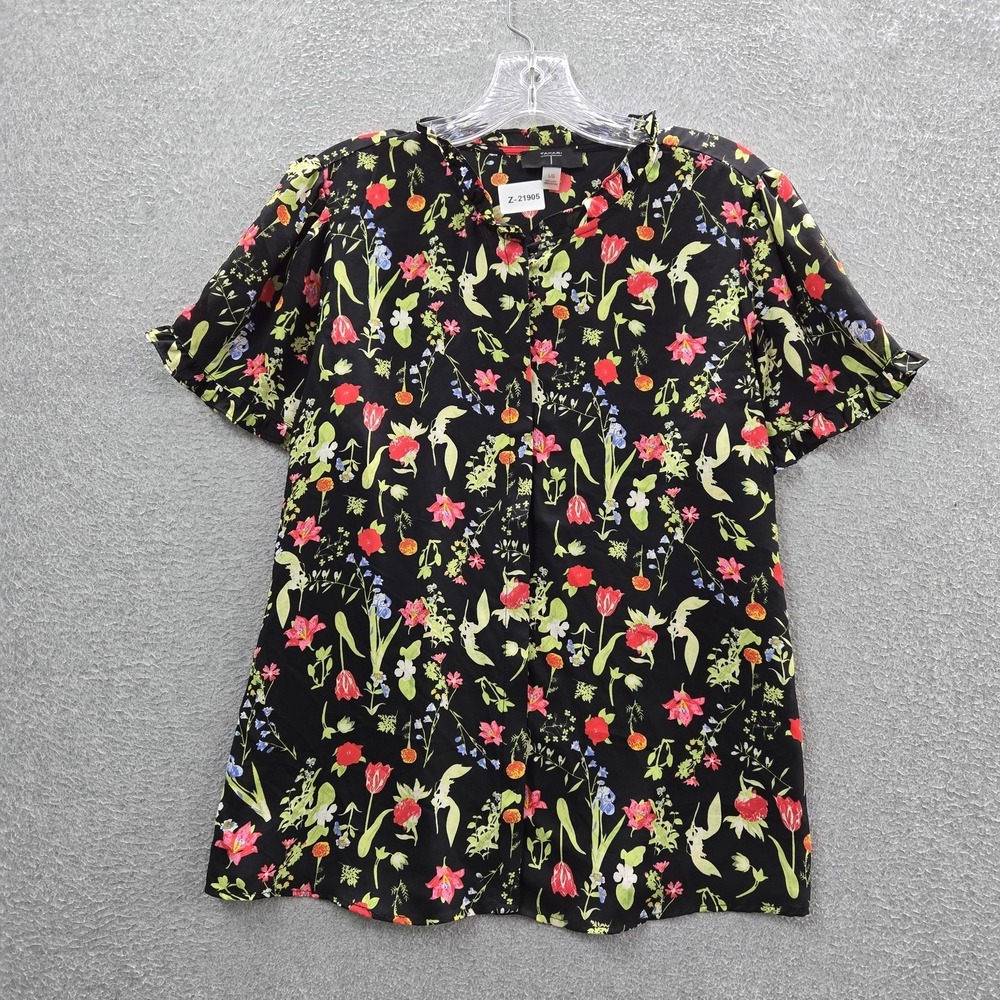 Tahari Women Blouse L/G Black Floral Romantic Button V-Neck Front